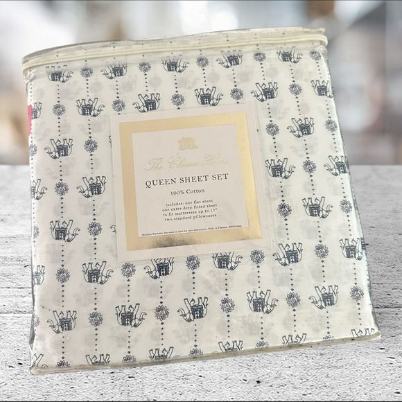 The Classic Home white Blue Elephant Print Queen 4-pc Sheet Set 100% Cotton NEW - Picture 3 of 6